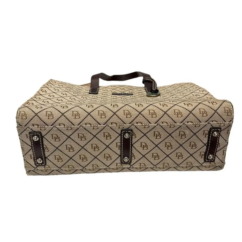 Numbered Dooney & Bourke Beige Logo Tote Bag With Brown Leather Straps and Trim - Picture 4 of 13